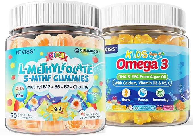 Kids L-Methylfolate Gummies Active 5-MTHF + Methyl B12 Vitamin B6 B2 Choline Vegan Omega 3 DHA &amp EPA + Kids Omega 3 Gummies + Calcium 400mg + Vitamin D3 K2 + C Omega-3 DHA &amp EPA Suppleme