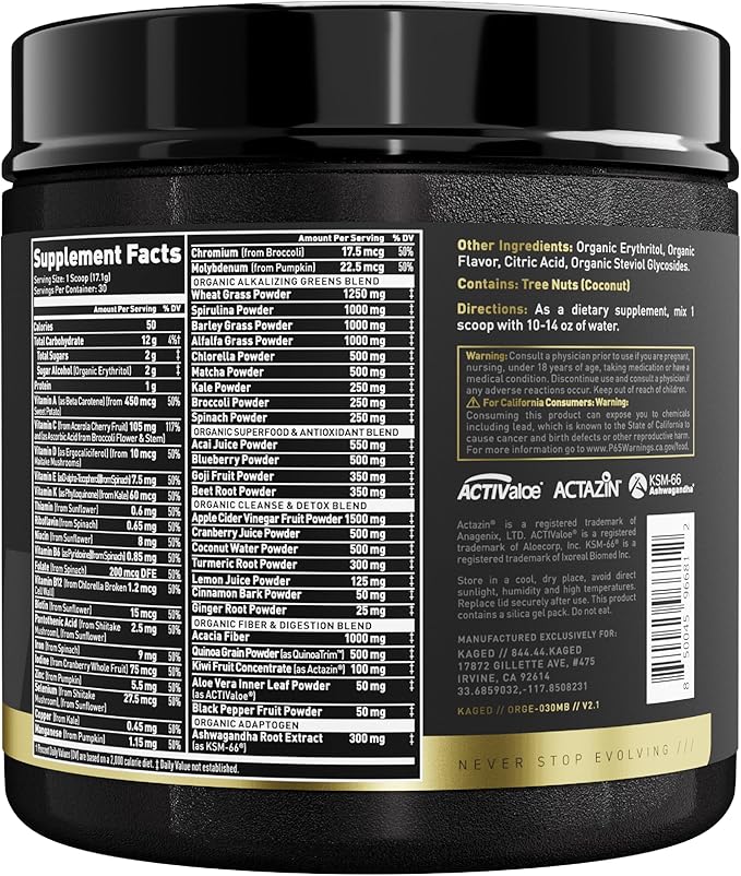 Kaged Organic Greens Elite Superfood and Greens Powder with Apple Cider Vinegar Adaptogen Prebiotics Vitamins &amp Minerals Berry 30 Servings