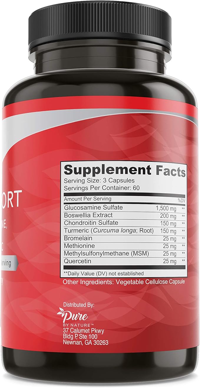 Pure By Nature Joint Support Glucosamine with Chondroitin Turmeric MSM Boswellia Supplement 180 Capsules
