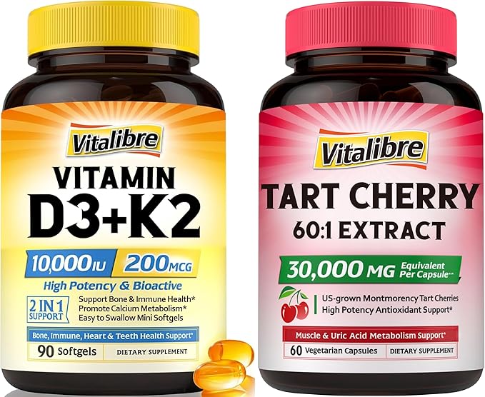 Vitamin D3 K2 Supplement 10000 IU 90 Softgels and Tart Cherry Capsules 60 Capsules