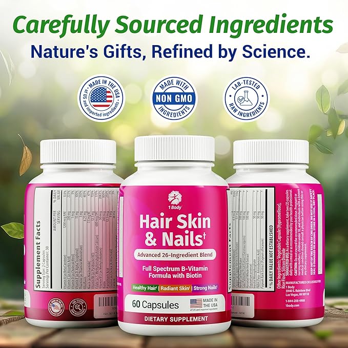 1 Body Hair Skin and Nails Vitamins with Biotin – Hair Growth Supplement for Women &amp Men with 26 Vitamins Minerals &amp Herbal Extracts – Stronger Hair Healthy Skin &amp Nails – 60 Vegan Capsu