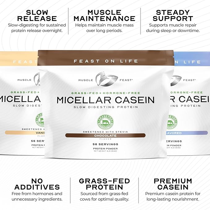 Muscle Feast Grass Fed Micellar Casein Protein Powder Pasture Raised &amp Hormone Free Slow Digesting Casein Protein - Supports Overnight Muscle Recovery Gluten Free Protein Powder - Chocolate 4l