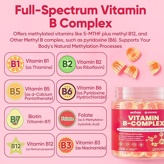 Methylated Vitamin B Complex Gummies for Women &amp Men High Dose 2000 mcg Methyl B12 Liposomal Super All B Vitamins Methylfolate B1 B2 B3 B5 B6 B7 Vitamin C Choline for Energy Focus 60Co