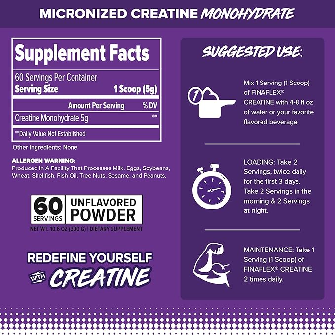 FINAFLEX PURE CREATINE Unflavored - 10.6 oz - Promotes Muscular Strength Size &amp Performance - 100% Pure Micronized Creatine Monohydrate - NSF Certified - 60 Servings