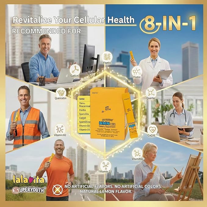 SuperYouth NMN Mix Powder Supplement 8-in-1 60 Stick Packs 2g per Pack Longevity Formula with Resveratrol Fisetin CoQ10 Quercetin Spermidine Natural Lemon Flavor 4.23 oz Total