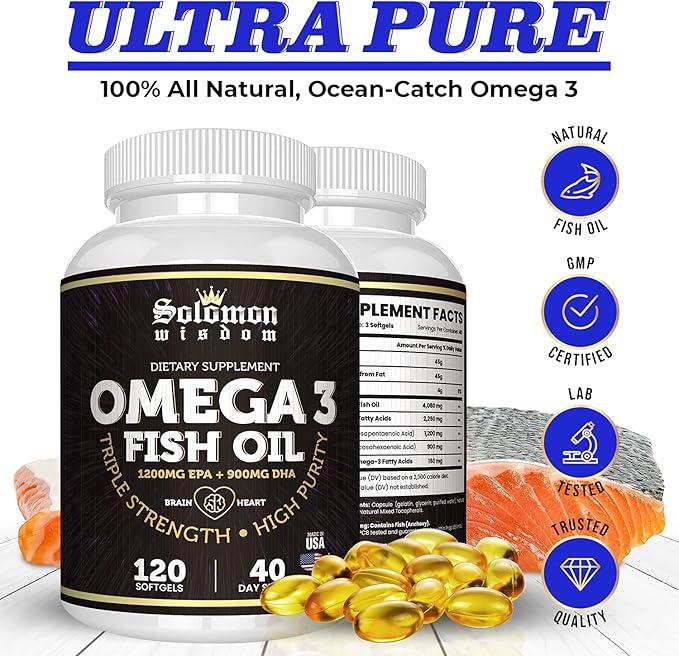 SOLOMON WISDOM Omega 3 Fish Oil - Dietary Supplement for Healthy Heart &amp Brain - 120 Soft Gel Capsules with High EPA 1200mg &amp DHA 900mg - Burpless Odorless with Natural Lemon Flavor