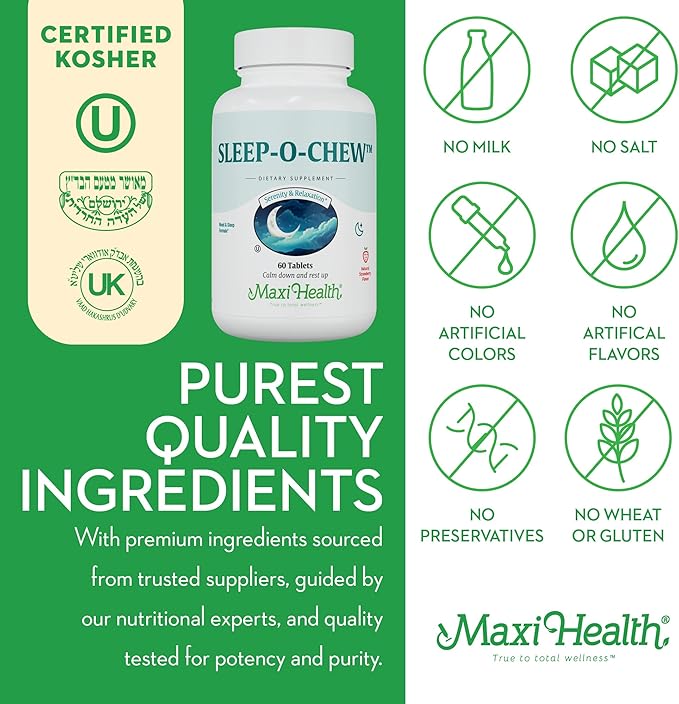 Maxi Health Sleep-O-Chew Strawberry Chewable Tablets with Magnesium Inositol L-Tryptophan 3mg Melatonin for Sleep Support - Non Habit Forming Sleep Aid for Adults Kosher Sleep Supplement 60 Count