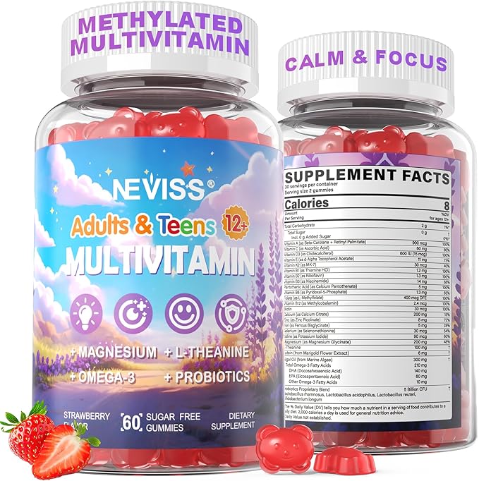 Teen Vitamins + Magnesium Glycinate for Boys Girls 12-17 Teens Methylated Multivitamin Gummies w/ Omega-3 L-Theanine for Teenager Kids Calm Focus Gummy Supplment 23-IN-1 Formula Sugar Free 60ct