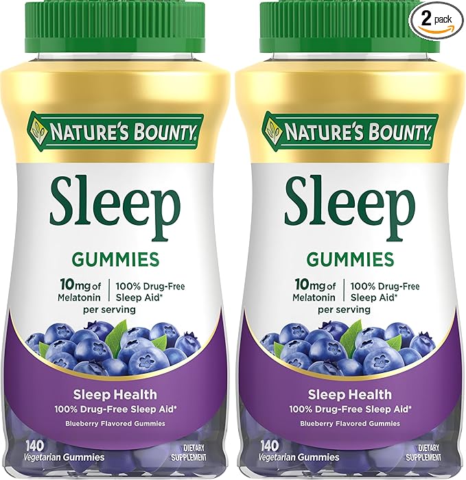 Nature's Bounty 10 mg Melatonin Gummy 100% Drug Free Sleep Supplement 10 mg Blueberry 140 Ct (Pack of 2)