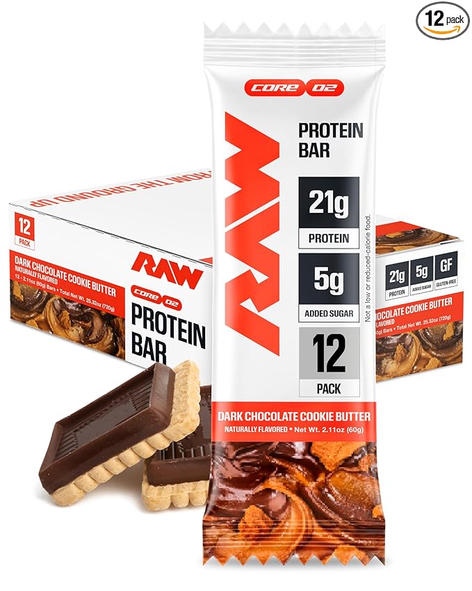 RAW Nutrition Protein Bars Dark Chocolate Cookie Butter 21g Whey Protein Low Sugar Better-for-You Candy Bars Gluten Free Chocolate Protein Snack for Muscle Recovery &amp Gym Fuel 12 Count