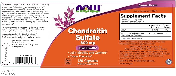 NOW Foods Chondroitin Sulfate 600mg 120 Capsules (Pack of 2)