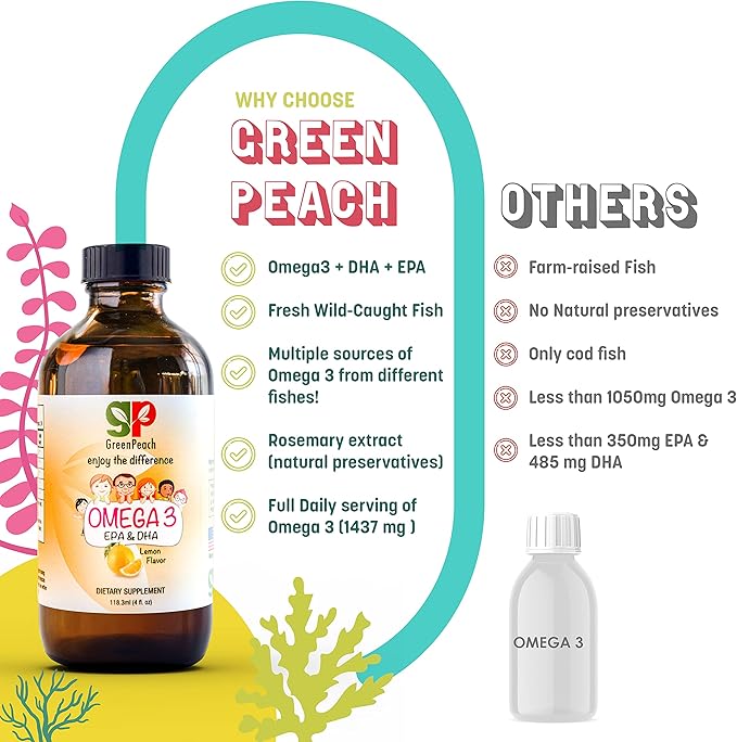 GreenPeach Omega 3 for Kids - 4oz Lemon Flavor Liquid Supplement 525mg Toddler DHA &amp 800mg EPA Natural Formula Kids Fish Oil