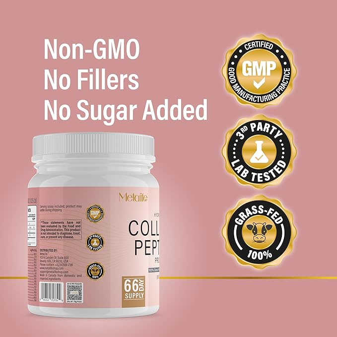 Collagen Powder 20 Oz 66 Servings Hydrolyzed Collagen Peptides Grass-Fed Bovine Unflavored Made in Canada Supports Joints Skin Hair &amp Nails Protein Supplement for Women &amp Men