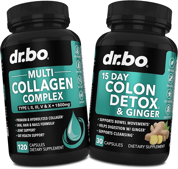 Collagen Peptides &amp Colon Cleanse Detox - 15 Day Colon Cleanse Pills &amp Ginger - Multi Collagen for Women &amp Men Complex Capsules Skin Hair &amp Nails - Bowel Movement Supplements for Sto