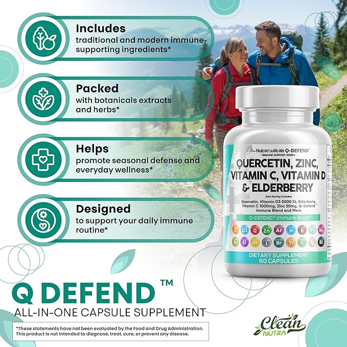 Q Defend Quercetin Supplement with Zinc Vitamin C Vitamin D Elderberry Turmeric Black Pepper Garlic Ginger Sea Moss Lysine Stinging Nettle Reishi Immune Support 60 Capsules Pack of 3 by Clean Nutra