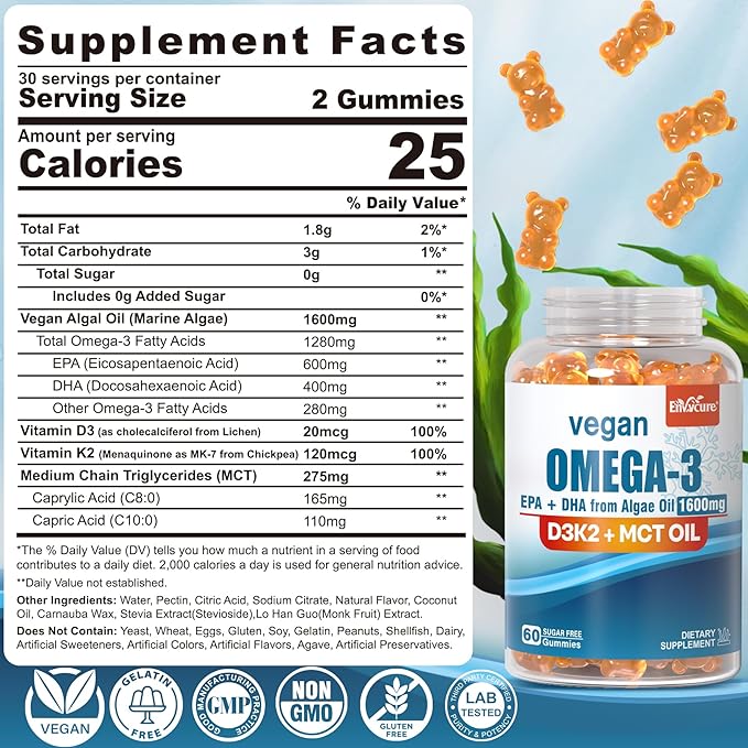 Vegan Omega 3 Gummies 1280mg + Vitamin D3 K2 (MK7) Omega 3 Fish Oil Alternative for Adults w/Algae EPA 600mg &amp DHA 400mg MCT Oil - No Fish Taste - for Brain Eye Immune Health Sugar Free 1 P