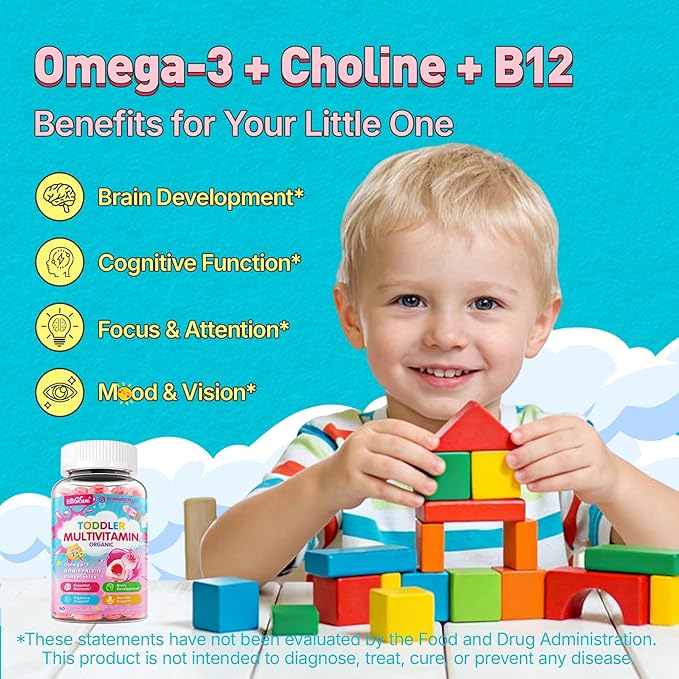 Organic Toddler Multivitamin Gummies + Omega-3 (DHA/EPA) Postbiotics | kids 2+ multivitamin | Vitamins A C D3 Methyl B12 Folate Zinc for Immune Digestive Brain Healthy Growth Sugar-Free 60Cts