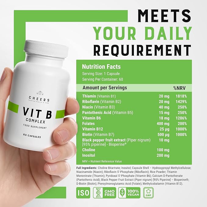 CHEERS Vitamin B Complex Supplement | 113.5mg Complete B Vitamins with B1 B2 B3 B6 B12 | High Absorption Vegan B Complex for Brain Nerve &amp Immune Support | Non-GMO DRcaps® Plus | 60 Capsules