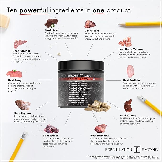 Formulation Factory Primal Power 10-in-1 Grass-Fed Organ Supplement with Beef Liver Heart Marrow Testicle Kidney Supports Vitality Hormones Energy Immunity (6 Month Supply 360 Capsules)
