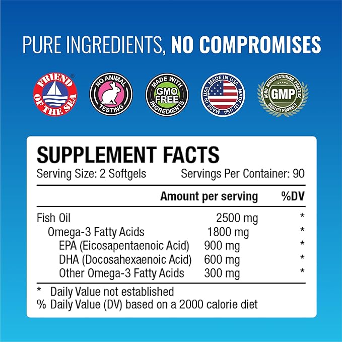 Omega-3 MD - EPA &amp DHA Supplement - 2500mg Omega 3 Fish Oil for Heart Health Brain Support Joint Comfort &amp Overall Wellness - 2 Bottles - 6 Month Supply