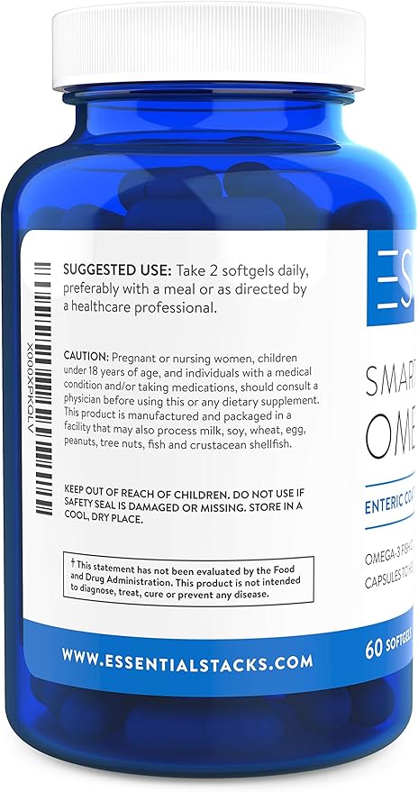 Essential Stacks Smart Omega 3 - Burpless Fish Oil - 1400mg EPA DHA Per Serving Enteric Coated (60 Capsules)