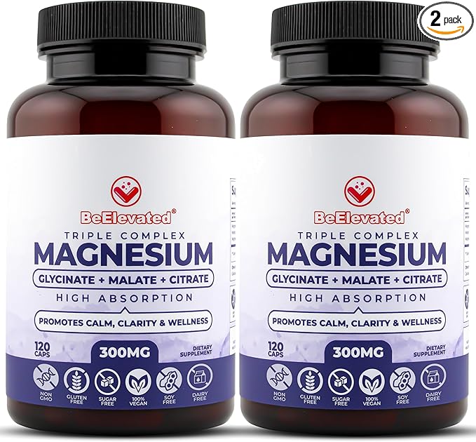 Triple Magnesium Complex Supplement – 300mg Fast-Acting Magnesium Glycinate and Citrate Combo with Malate for Relaxation Sleep &amp Well-Being – Natural Vegan Non-GMO 120 Capsules (2 Pack)