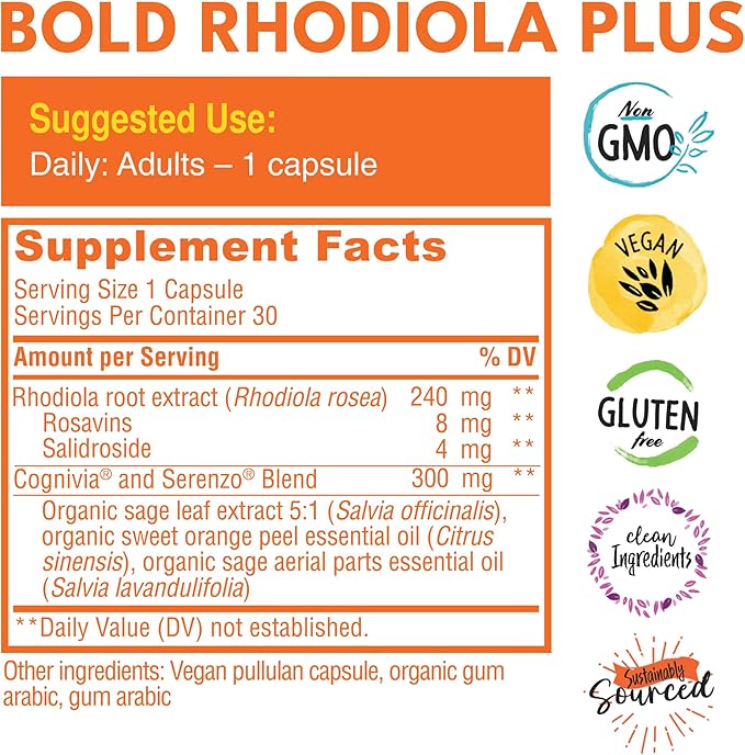 Bold Botanica Rhodiola Plus — Siberian Rhodiola Rosea Extract Supplement 8mg Rosavins 4mg Salidroside — Premium Adaptogen Supplement for Stress Memory Focus &amp Energy Support — 30 Vegan Capsule