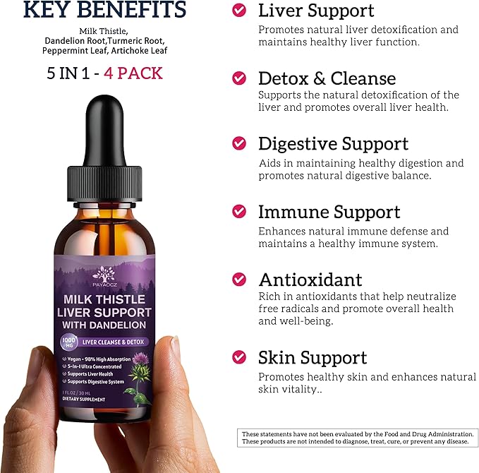 (4 Pack) Milk Thistle Liquid Drops Silymarin 1000mg Liver Supplement Detox &amp Cleanse with Dandelion &amp Artichoke Milk Thistle Organic Extract for Support Repair Liver Health Vegan Non-GMO