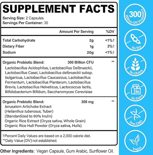 300 Billion CFUs Probiotics for Women &amp Men - 12 Strains + 3 Organic Prebiotics Probiotics for Digestive Health &amp Immune Gut Health &amp Bloating Gut Health for Women &amp Men - 60 Capsul
