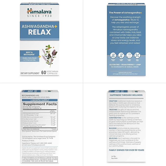 Himalaya Ashwagandha+ Relax with GABA Holy Basil &amp Chamomile for Reset Relaxation &amp Stress Relief Vegan Gluten Free 540 mg 60 Vegetarian Capsules 1 Month Supply