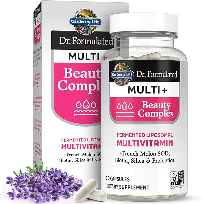 Garden of Life Dr Formulated Multi+ Beauty Complex Fermented Liposomal Multivitamin Plus Hair Skin and Nails Vitamins French Melon SOD Biotin &amp Probiotics 30 Capsules Supplement for Women &amp