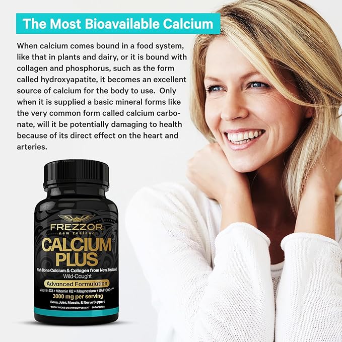 FREZZOR Calcium Plus with UAF1000+ New Zealand Natural Raw Calcium Supplement for Bones Teeth Gut Health &amp Cardiovascular Support Phosphorus Magnesium Collagen Selenium 90 Capsules 1 Bot