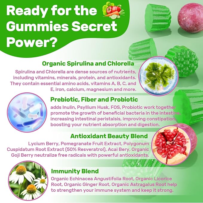 Super Greens Multivitamin Gummies Daily Greens Superfood Gummies w/Spirulina Chlorella Multivitamins Prebiotic Fiber Adaptogens Support Digestive &amp Gut Health Immunity Focus &amp Energy