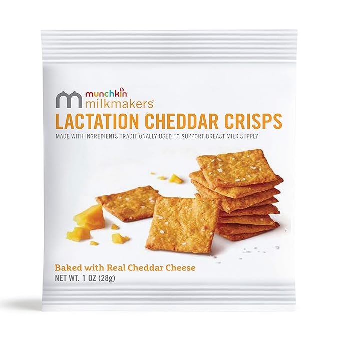 Munchkin® Milkmakers® Lactation Drink Mix Supplement with B Vitamin &amp Milk Thistle 14 Count and Lactation Cheddar Crisps for Breastfeeding Moms with Oats and Flax 6 Count