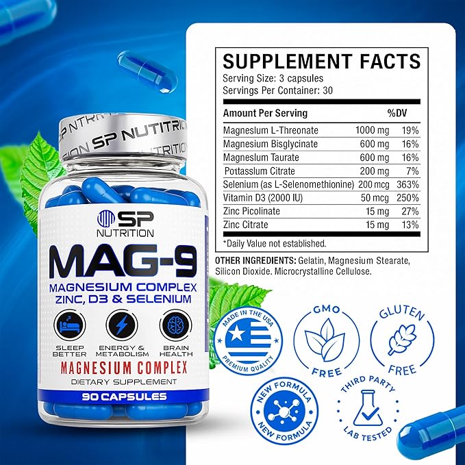 SP Nutrition MAG-9 Magnesium Complex Zinc D3 &amp Selenium for Sleep &amp Energy Support 90 Capsules