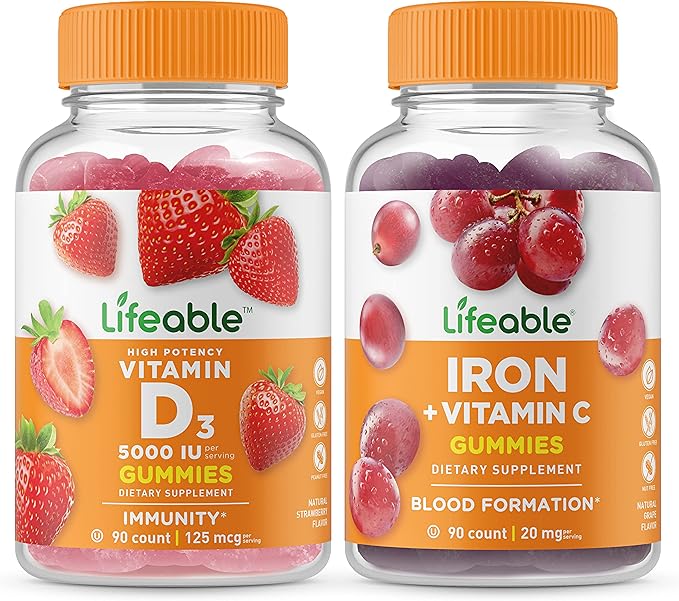 Lifeable Vitamin D 5000 IU + Iron with Vitamin C Gummies Bundle - Great Tasting Vitamin Supplement Gluten Free GMO Free Chewable Gummy