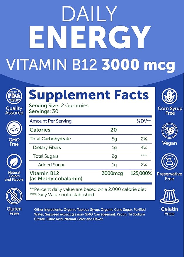 Lunakai USA Made Vegan Energy Gummies – Daily Energy Supplements – 3000mcg Vitamin B12 Gummies for Women &amp Men – for Home or On‑The‑Go Use - 6 Pack