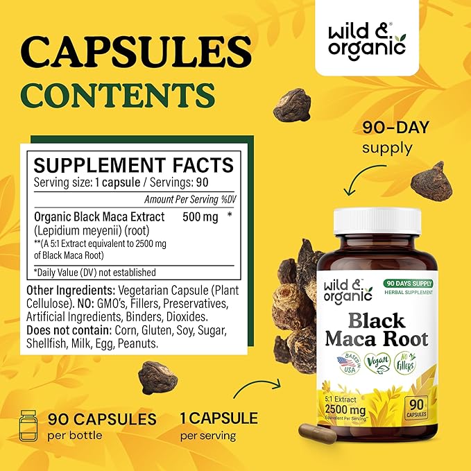Wild &amp Organic Black Maca Root Capsules for Men &amp Women 500 mg - Maca Root Extract for Overall Support - 90 Vegan Capsules - Women &amp Men Supplement - 90 Days Supply - Non-GMO No Fillers