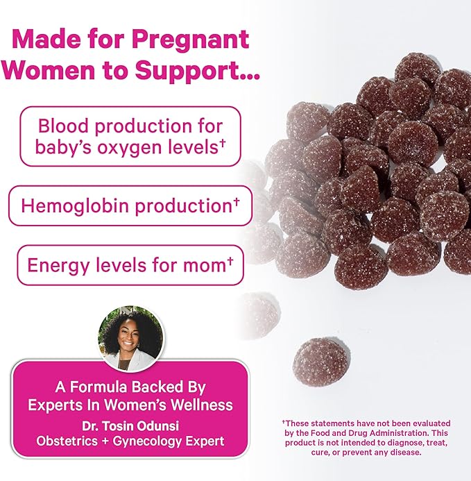 Pink Stork Prenatal Iron Supplement Gummies for Women - 20 mg with Vitamin C - Grape Chewable for Deficiency Energy &amp Blood Builder - 60 Gummy Chews