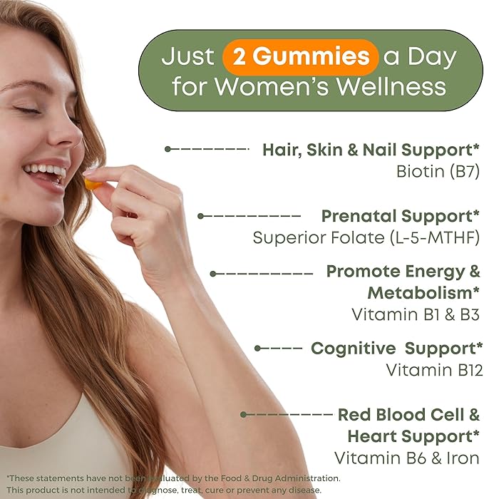 Vitamin B Complex Gummies for Women - 7 Essential Vitamins and Iron Energy Immune Prenatal Support Portable Pouch Tropical Flavor Made in USA 60 Count