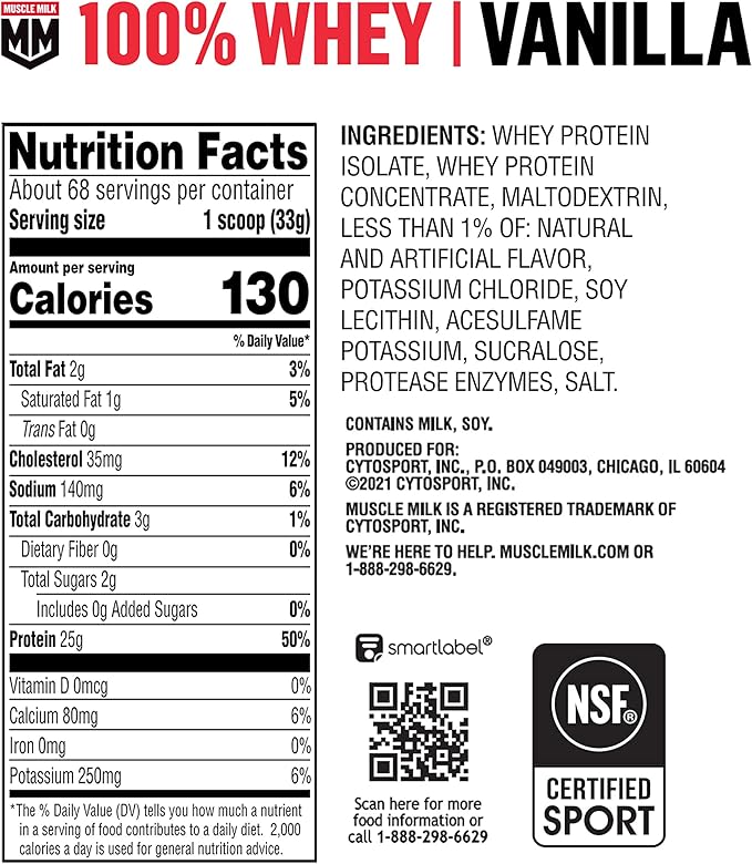 Muscle Milk 100% Whey Protein Powder Vanilla 5 Pound 68 Servings 25g Protein 2g Sugar Low in Fat NSF Certified for Sport Energizing Snack Workout Recovery Packaging May Vary