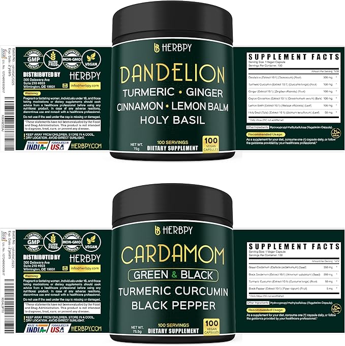 Bundle 6in1 Dandelion Supplement 100 Count &amp 4in1 Cardamom Supplement 100 Count - for Immune Heart Digestion Health &amp Natural Wellness
