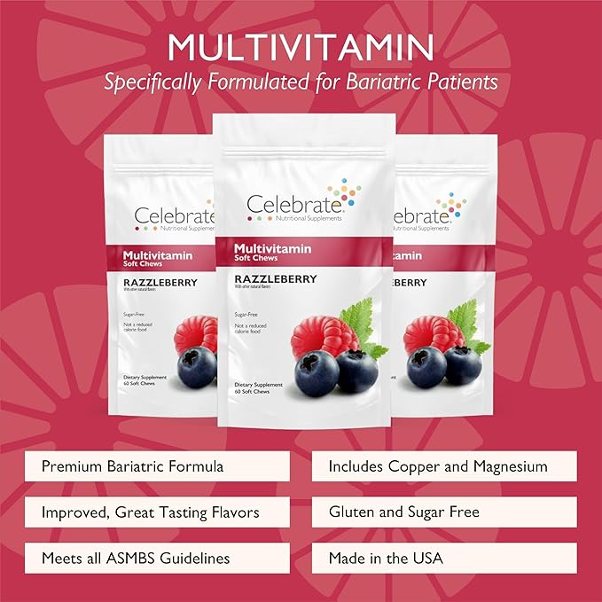 Celebrate Vitamins Bariatric Multivitamin Soft Chews - Essential Vitamins &amp Minerals Sugar &amp Gluten Free - Gastric Bypass &amp Sleeve Gastrectomy Supplement - Berry (180ct)