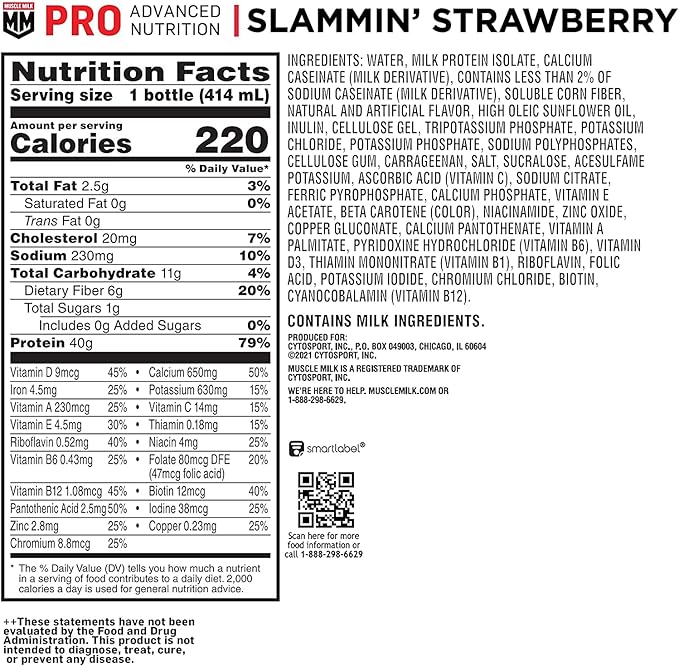 Muscle Milk Pro Series Protein Shake Slammin' Strawberry 40g Protein 14 Fl Oz 12 Pack &amp Pro Advanced Nutrition Protein Shake Knockout Chocolate 11.16 Fl Oz (Pack of 12)