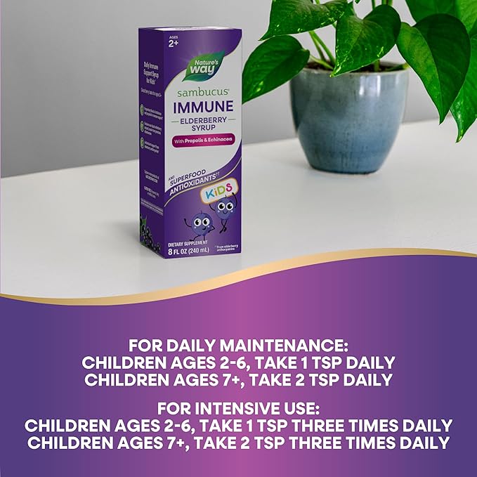 Nature's Way Sambucus Elderberry Immune Syrup for Kids Ages 2+ Echinacea &amp Propolis with Superfood Antioxidants(1) Immune Support Syrup* Vegetarian Berry Flavored 8 Fl Oz