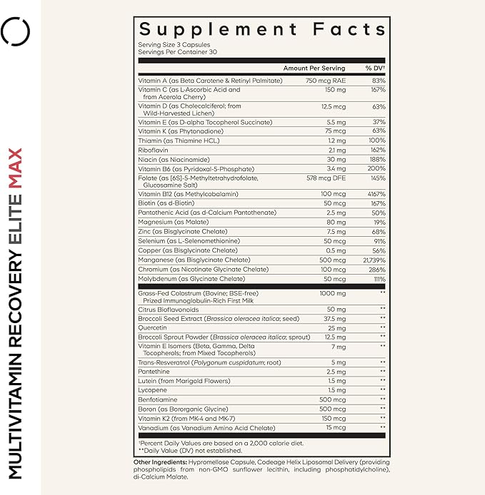 Codeage Multivitamin Recovery Elite Max Supplement - Vitamins A C D E B-Complex Essential Minerals Antioxidants Colostrum Phytonutrients Pantethine Non-GMO Sport Multivitamins - 90 Capsules