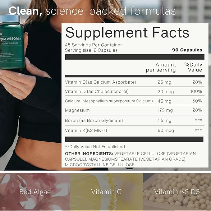 ZAB Algae Calcium Supplement with Vitamin D3 &amp K2 MK7 Magnesium Calcium Complex for Daily Bone Health Support &amp Strength 90 Capsules 45-Day Supply