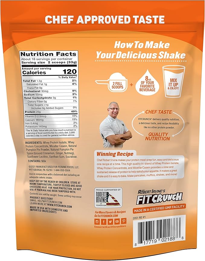 Fit Crunch Tri-Blend Whey Protein Keto Friendly Low Calories High Protein Gluten Free Soy Free (18 Servings Pumpkin Pie)