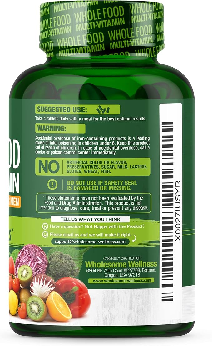 Wholesome Wellness Whole Food Multivitamin for Men - Natural Multi Vitamins Minerals Organic Extracts - Vegan Vegetarian - 120 Tablets