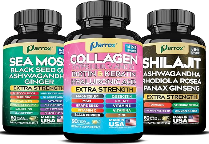 Collagen &amp Sea Moss Shilajit Capsules Bundle – 30-Day Supply – Collagen Peptides I II III V X + Biotin Hyaluronic Acid – Sea Moss Shilajit Ashwagandha Rhodiola Ginseng